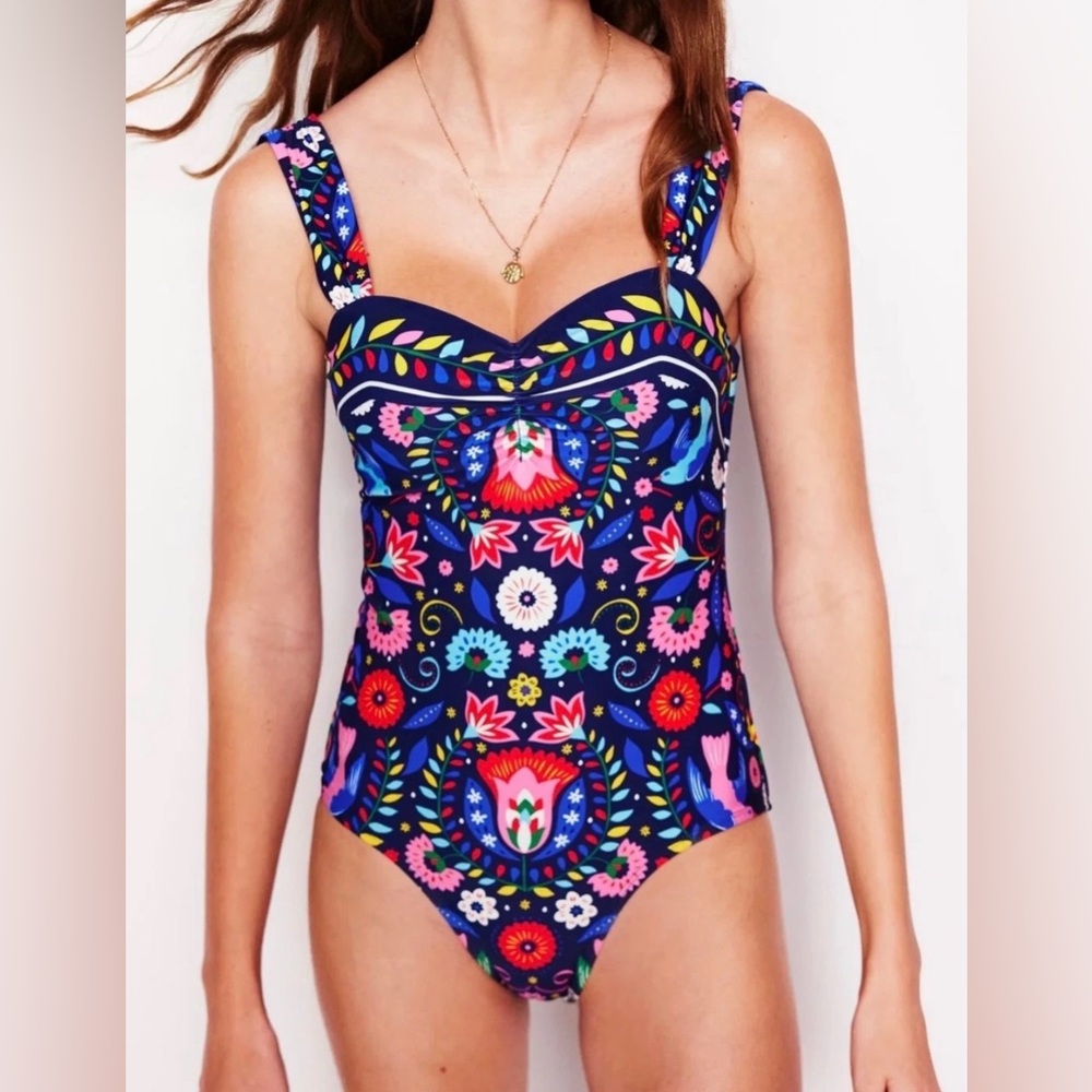 NEW Boden Sweetheart Swimsuit Navy Floral US SZ 2R decorative padded ruching